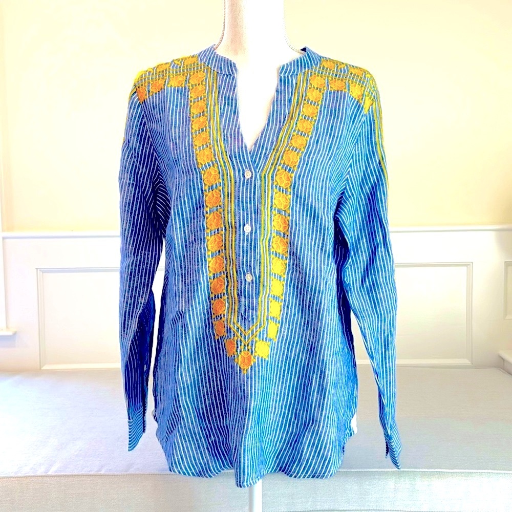 NWT J.Crew Long Sleeve Linen top with Embroidery